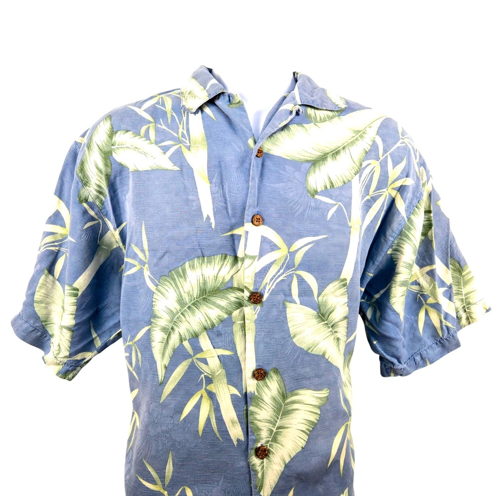 Tommy Bahama Silk Camp Shirt‎ Tropical Bamboo Print Button Up Blue Mens M